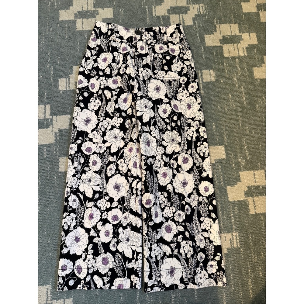 Maeve Anthropologie The Colette Cropped Wide Leg Pants Floral Black White 27